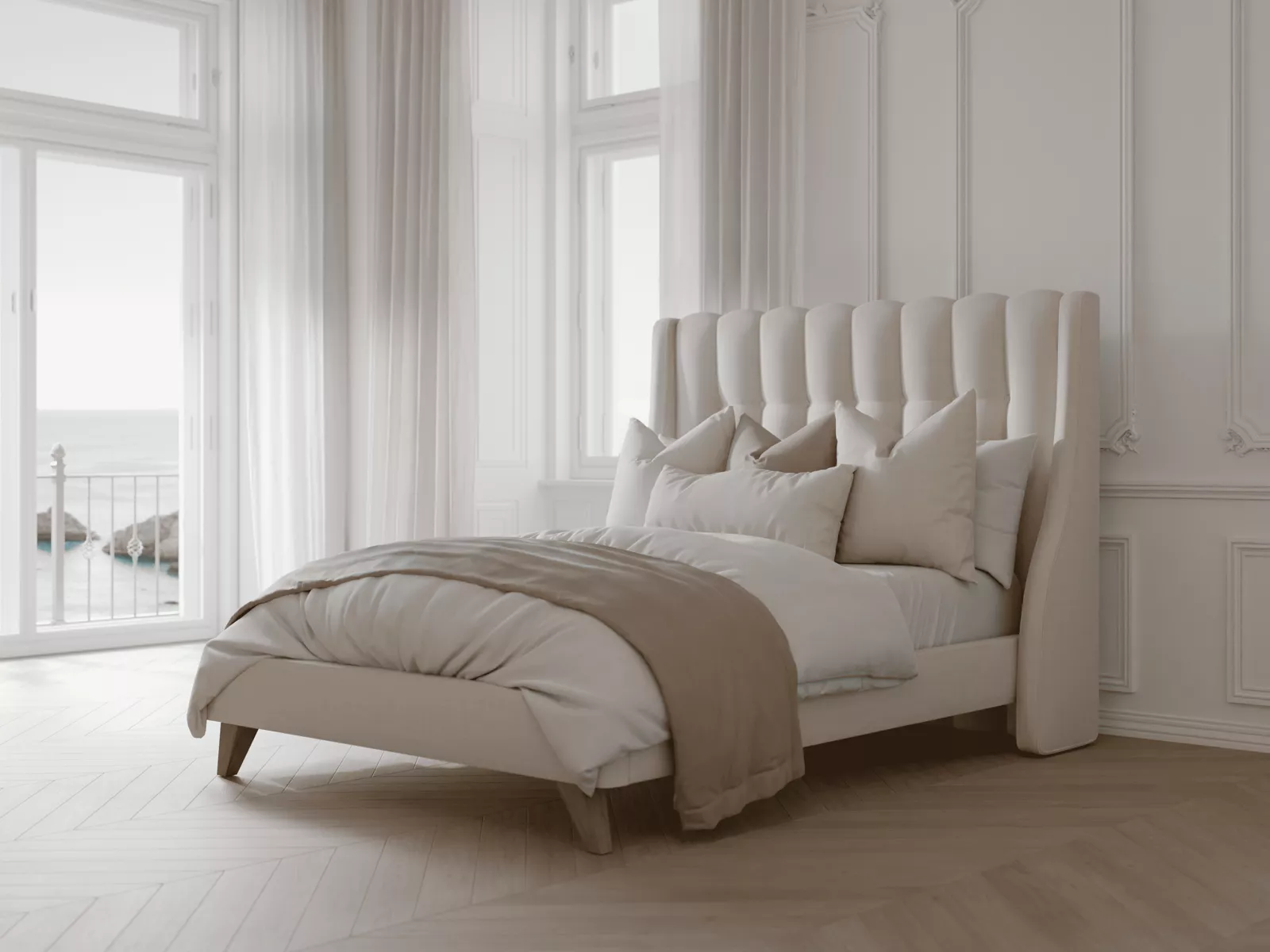 Cream channel-back bed with wings in a bright panelled room