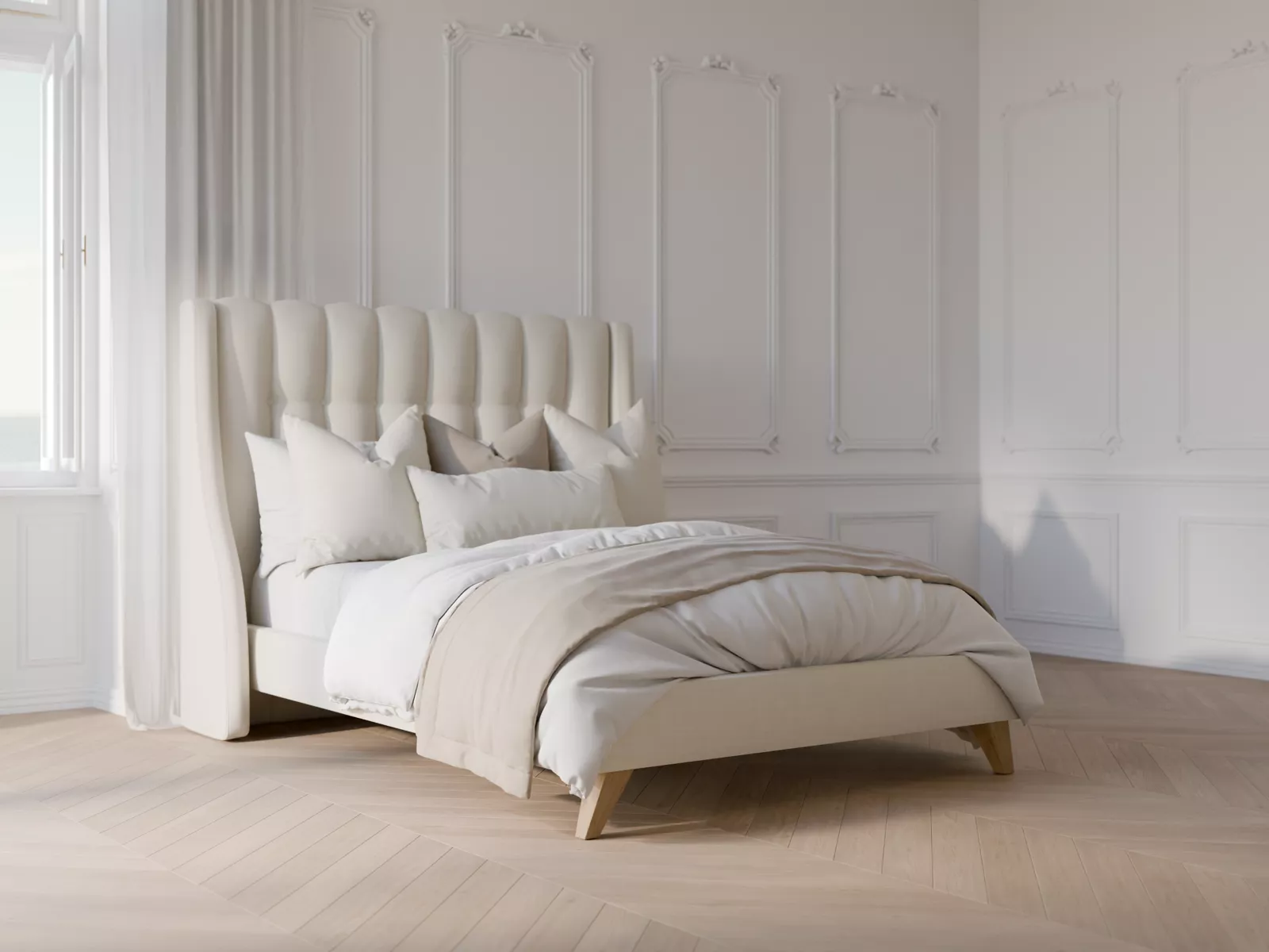 Cream winged bed with natural oak legs