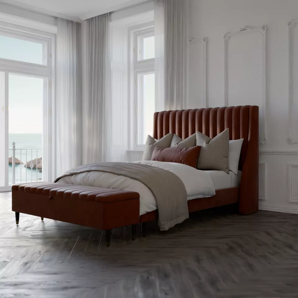 The Cosmopolitan bed in rust velvet