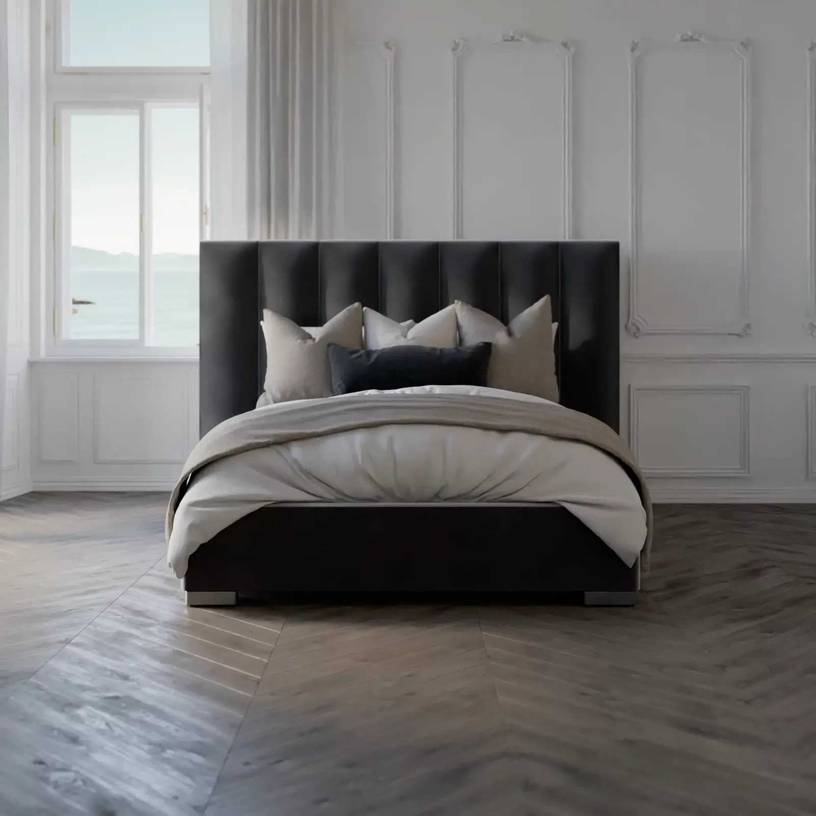An upholstered Shloff bed, full view