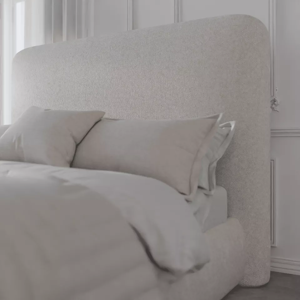 Detail of a Shloff bed frame and fabric