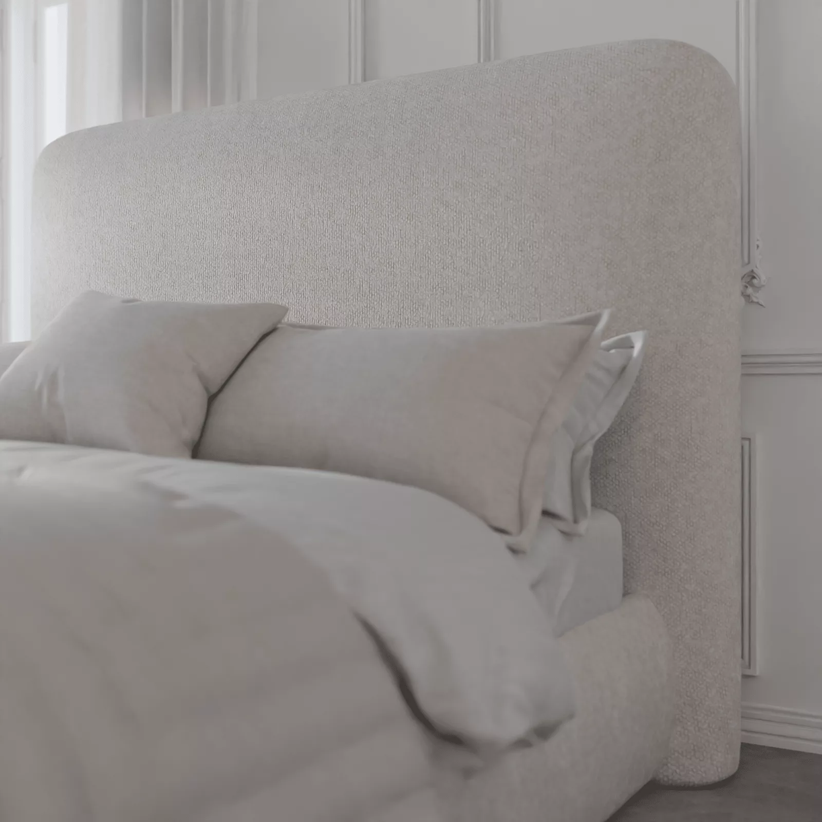 Detail of a Shloff bed frame and fabric